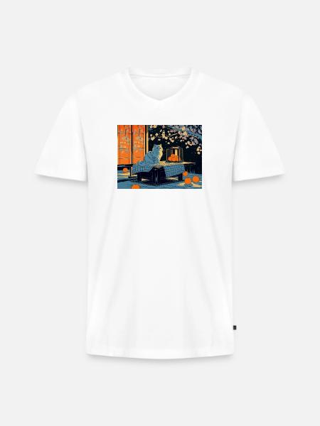 Blue Cat Lantern Night Garden - Men's Premium Organic V-Neck T-Shirt - white