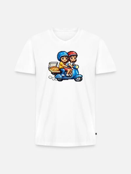 Boy and Girl on Vespa with Pizza! - Men's Premium Organic V-Neck T-Shirt - white