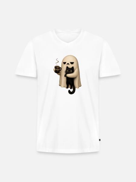 Meh Ghost and Cat Mug - Men's Premium Organic V-Neck T-Shirt - white