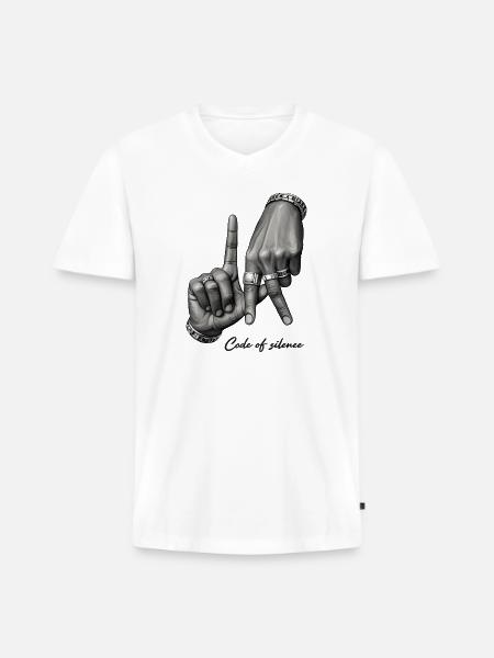 Code of Silence Grayscale Gesture - Men's Premium Organic V-Neck T-Shirt - white