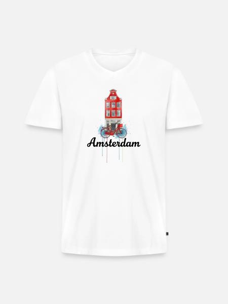 Amsterdam Bicycle on Red Facade - Men's Premium Organic V-Neck T-Shirt - white