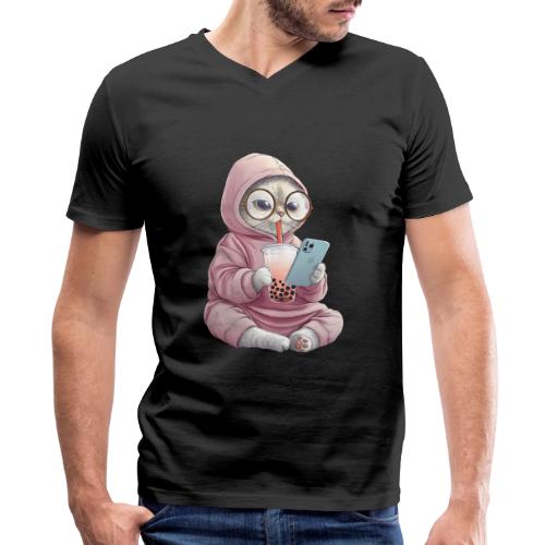 Cool Cat Bubble Tea Cartoon Design - Men's Premium Organic V-Neck T-Shirt