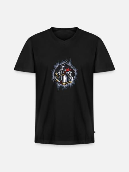 Knight With Halftone Fire Background - Men's Premium Organic V-Neck T-Shirt - black