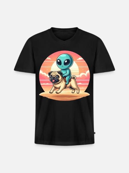 Alien Rides Pug - Men's Premium Organic V-Neck T-Shirt - black