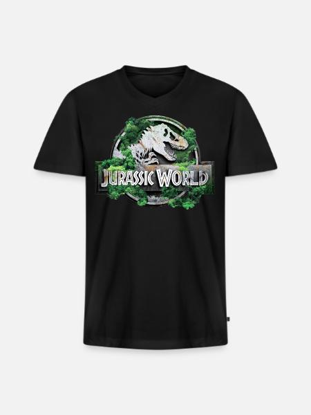 Jurassic World logo with T-Rex and trees - Men's Premium Organic V-Neck T-Shirt - black