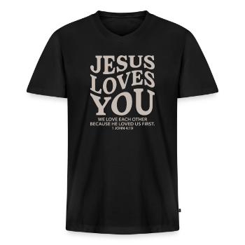 Jesus Loves You Christian Belief - Men's Premium Organic V-Neck T-Shirt - black - Front - AI Model Male 178 light (178cm)
