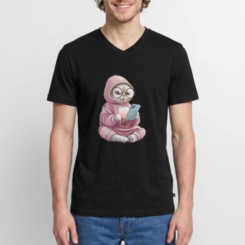 Cool Cat Bubble Tea Cartoon Design - Men's Premium Organic V-Neck T-Shirt
