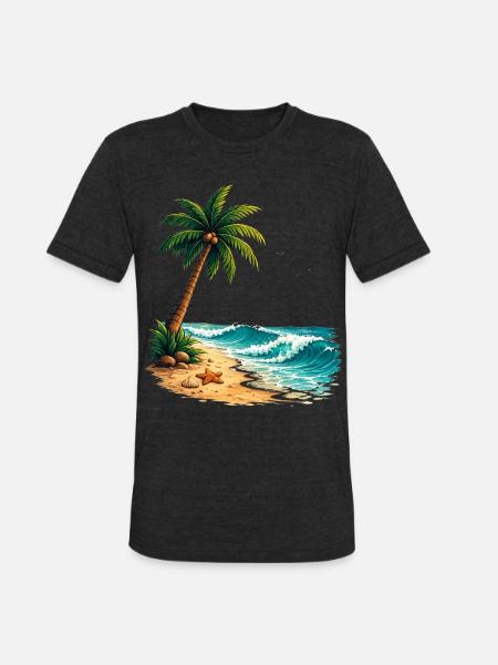 Tropical Palm Tree Beach Summer T-Shirt - Unisex Tri-Blend T-Shirt - heather black