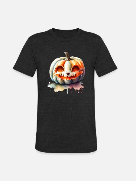 Pumpkin With Cat Face - Unisex Tri-Blend T-Shirt - heather black