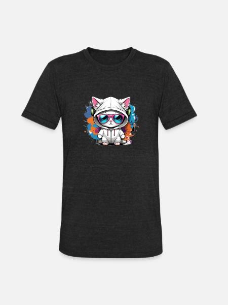 cute cat enjoying music - Unisex Tri-Blend T-Shirt - heather black