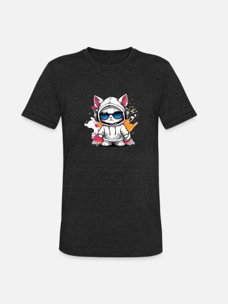 cute cat enjoying music - Unisex Tri-Blend T-Shirt - heather black