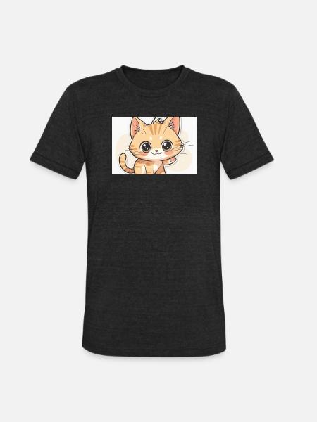 Waving Kawaii Orange Tabby - Unisex Tri-Blend T-Shirt - heather black