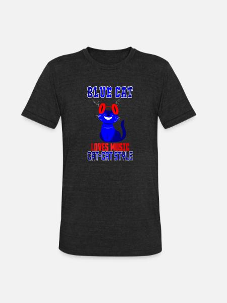 BLUE CAT LOVES MUSIC - Unisex Tri-Blend T-Shirt - heather black