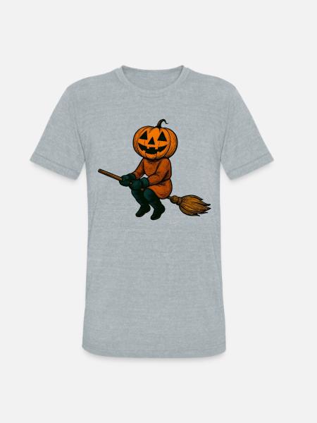 Pumpkinhead Witch on Broom - Unisex Tri-Blend T-Shirt - heather grey