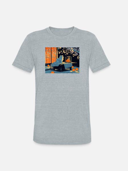 Blue Cat Lantern Night Garden - Unisex Tri-Blend T-Shirt - heather grey