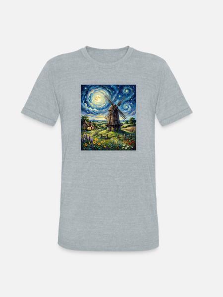Moonlit Windmill in Bloom - Unisex Tri-Blend T-Shirt - heather grey