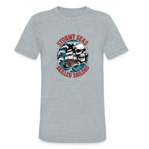 Stormy Seas Skull Pirate Ship Nautical Ocean Waves - Unisex Tri-Blend T-Shirt