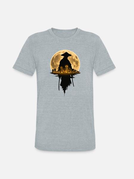 Moonlit Samurai Cityscape - Unisex Tri-Blend T-Shirt - heather grey