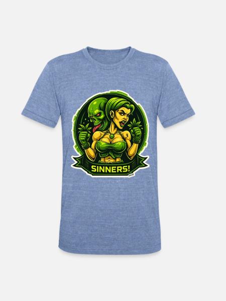 Sinners! Green Femme vs Demon - Unisex Tri-Blend T-Shirt - heather blue