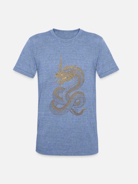 Golden Dragon Embroidery Art - Unisex Tri-Blend T-Shirt - heather blue
