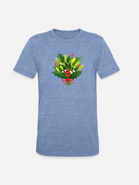 Festive Holly Botanical Design - Unisex Tri-Blend T-Shirt - heather blue