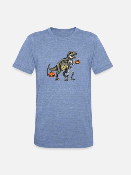 Dinosaur Skeleton Carving with Jack-o-Lantern - Unisex Tri-Blend T-Shirt - heather blue