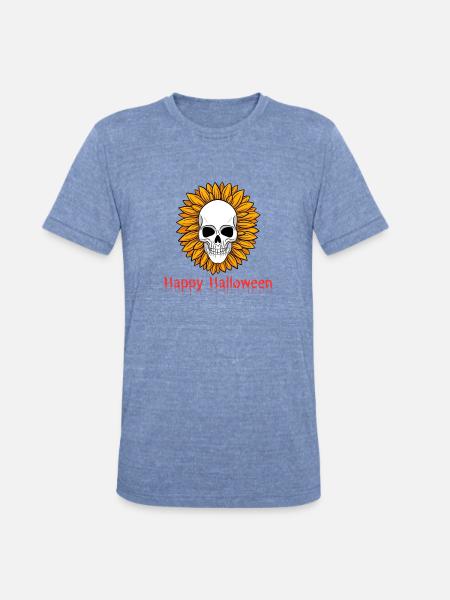 Sunflower Skull Halloween Tee - Unisex Tri-Blend T-Shirt - heather blue