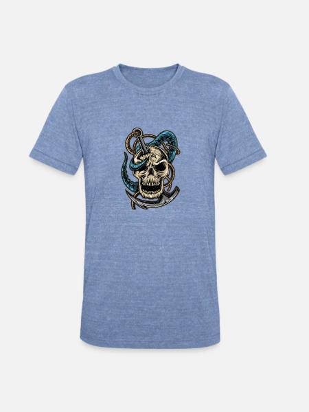 Skull and Dagger Kraken Tattoo - Unisex Tri-Blend T-Shirt - heather blue