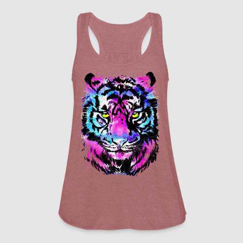 Neon Pink Tiger Head Portrait Drawing - Blue Tiger - Women's Flowy Tank Top by Bella
