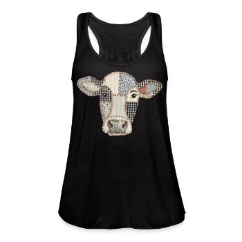 Patchwork Cow Portrait - Women's Flowy Tank Top by Bella - royal blue - Front - Julia (174cm)