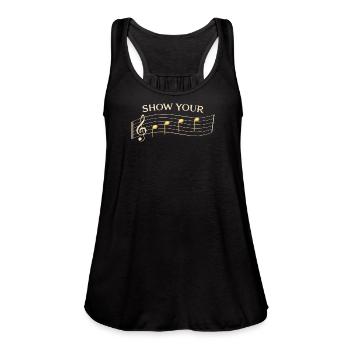 T-shirt Show Your Rhythm | Notes musicales sur Dark Bac - Débardeur fluide pour femmes par Bella - noir - Devant - Julia (174cm)