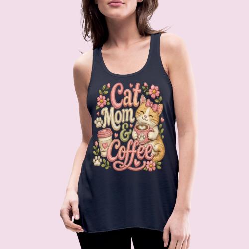 Cat Mom & Coffee Faux Stitched Cat Lover Design - Women's Flowy Tank Top by Bella