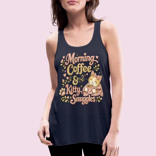 Morning Coffee & Kitty Snuggles Faux Stitched - Women's Flowy Tank Top by Bella