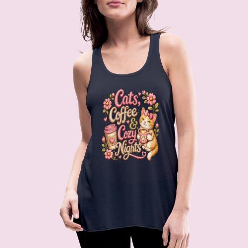 Cats, Coffee & Cozy Nights Faux Stitched Design - Women's Flowy Tank Top by Bella