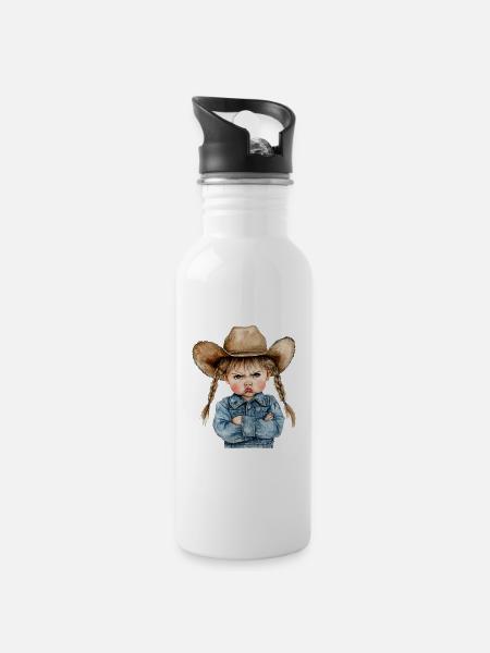 Angry Cowgirl Kid in Denim - 20 oz Water Bottle - white