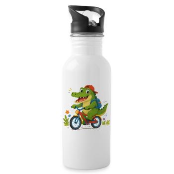 Cheerful crocodile riding a bicycle to school - 20 oz Water Bottle - white - Right