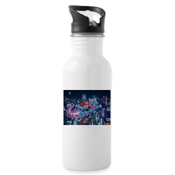 Neon Cat Soars Over City - 20 oz Water Bottle - white - Right