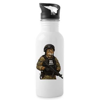 Ukraine Combat Cat with NAFO Patch - 20 oz Water Bottle - white - Right