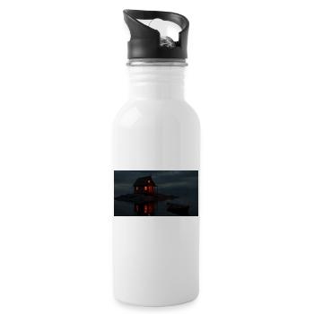 A small, rustic wooden cabin with a pitched roof  - 20 oz Water Bottle - white - Right