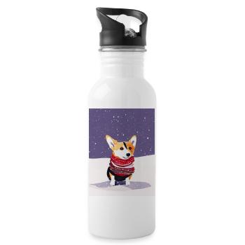 Cute Corgi with Red-White Christmas Scarf - 20 oz Water Bottle - white - Right