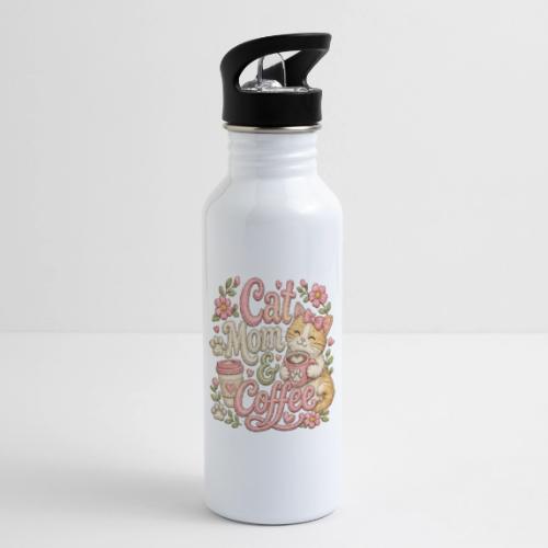 Cat Mom & Coffee Faux Stitched Cat Lover Design - 20 oz Water Bottle
