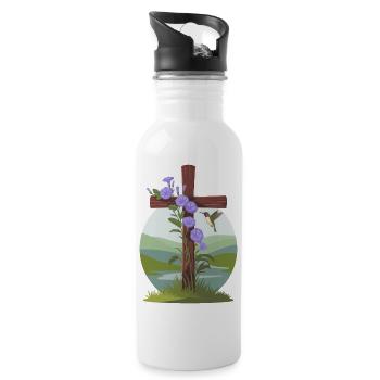 Morning Glory Flower Vine Rustic Cross Hummingbird - 20 oz Water Bottle - white - Right