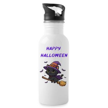 Whiskered Witch Cat on Broom - 20 oz Water Bottle - white - Right