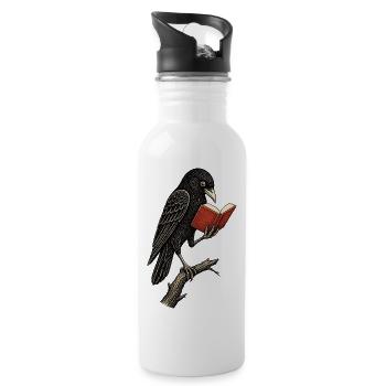 Crow Reading Open Book Vintage Linocut Art - 20 oz Water Bottle - white - Right