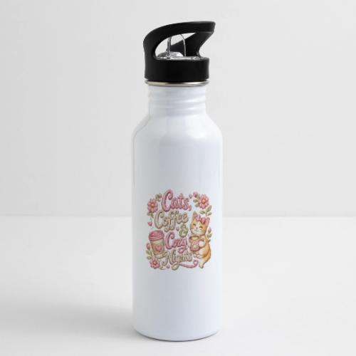 Cats, Coffee & Cozy Nights Faux Stitched Design - 20 oz Water Bottle