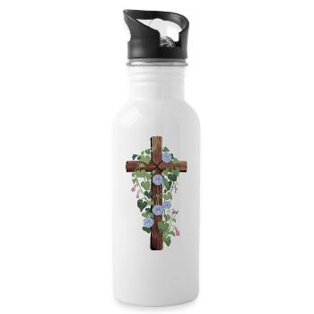 Morning Glory Flowers Vine On Rustic Wood Cross - 20 oz Water Bottle - white - Right