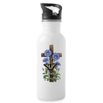 Morning Glory Flowers Rustic Wood Cross Butterfly - 20 oz Water Bottle - white - Right