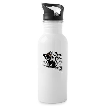 Witch Cat On Broom With Ghosts and Bats - 20 oz Water Bottle - white - Right