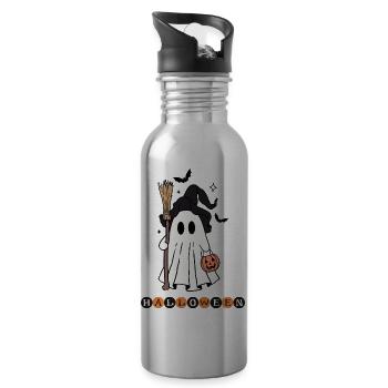 Whimsical Ghost with Broom and Pumpkin - 20 oz Water Bottle - silver - Right