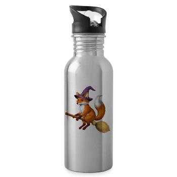 Fox Witch Riding Broom - 20 oz Water Bottle - silver - Right